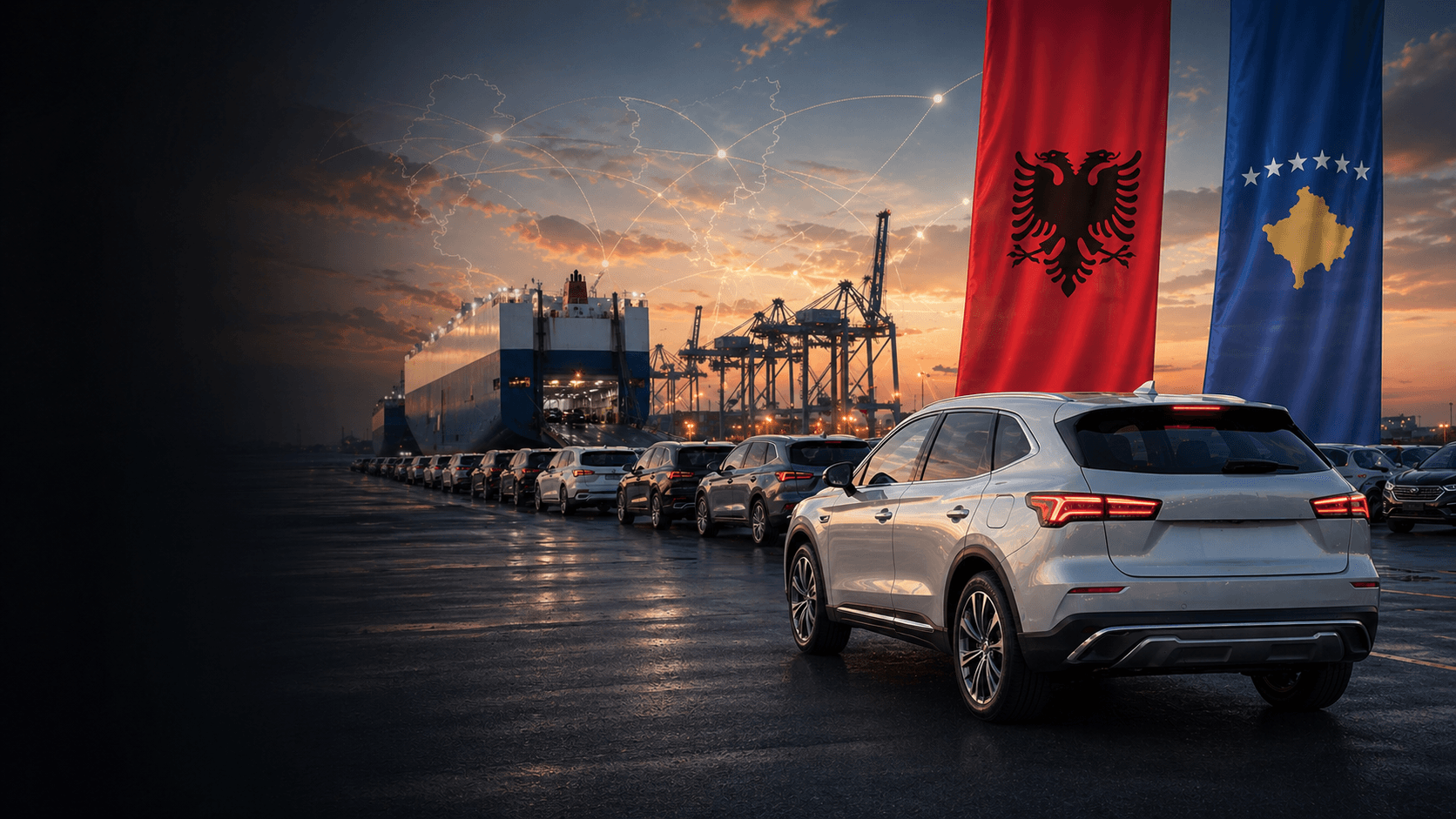 Korean used car export partner scene with Albania and Kosovo flag colors