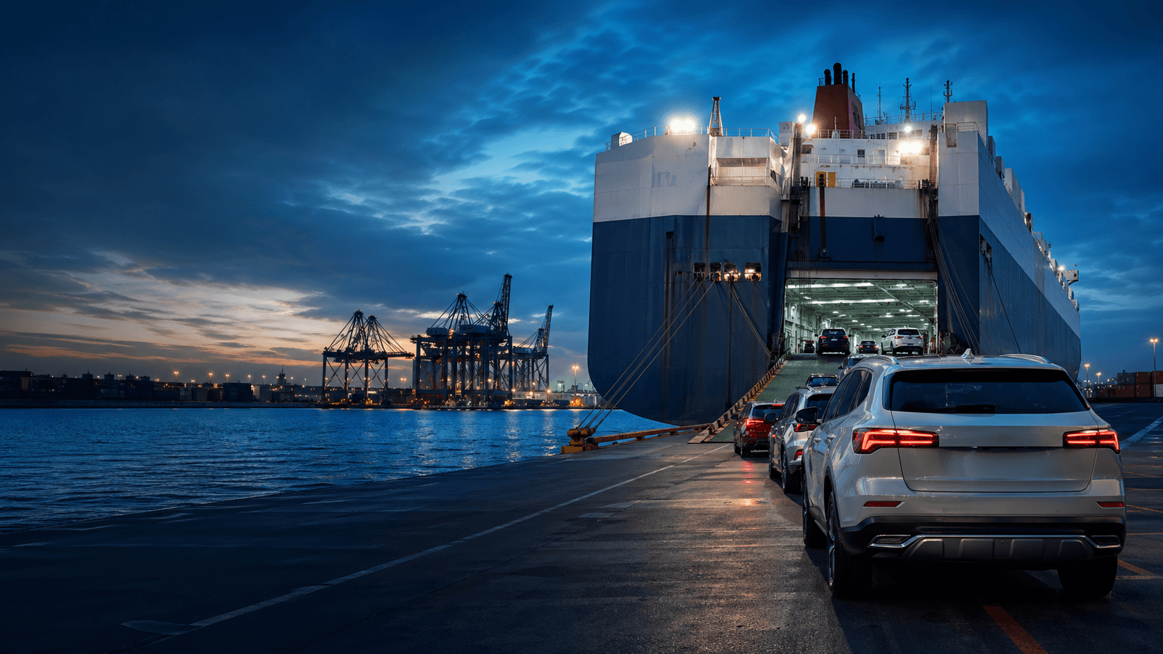 Korean used cars lined up for worldwide shipping at a car carrier port